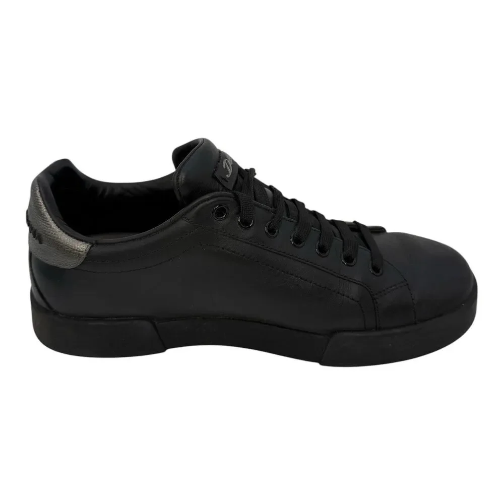 Dolce & Gabbana Black Leather Portofino Crown Patch Sneakers US 7 Eu 40